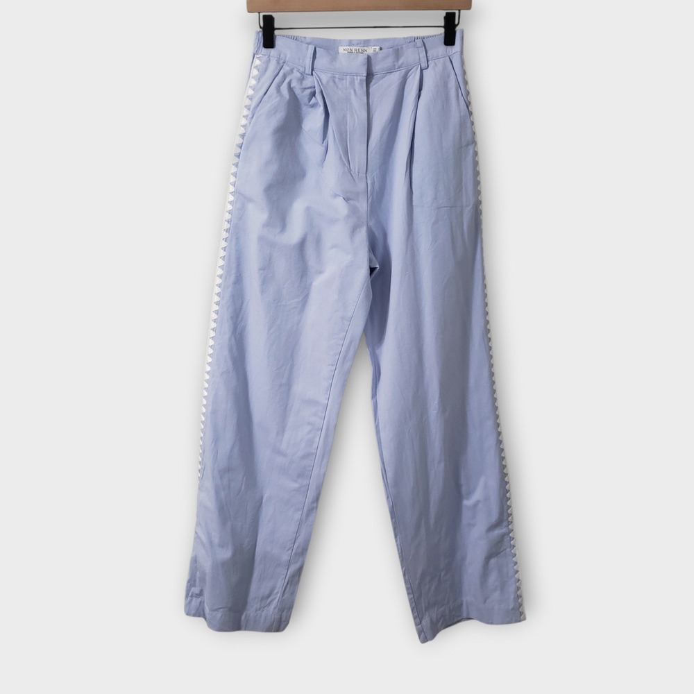 Mon Renn Lisle Trousers Powder Blue Size Small White Ric Rac Trim Split Hem - Picture 1 of 14